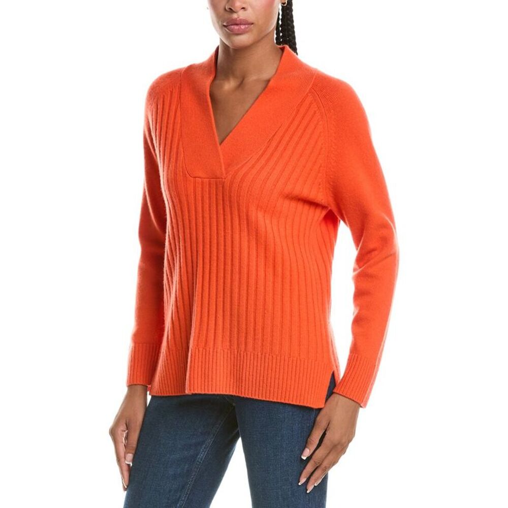 N.Peal Womens  V-Neck Wide Rib 100% Cashmere Sweater, Red